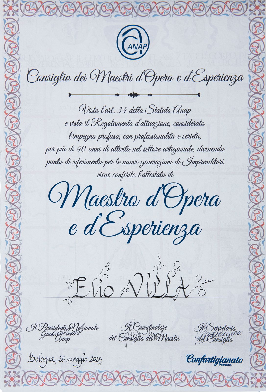 Attestato Maestro d'Opera e d'Esperienza